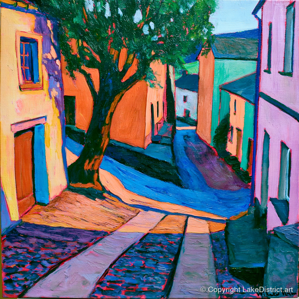 Cobbled Village Street in Vivid Colour - lake district village art print and canvas by Gideon Wright A.I