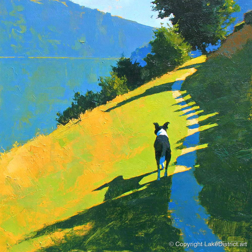 Collie on an Ambleside Path - gifts for dog walkers art print and canvas by Daphne Morley A.I