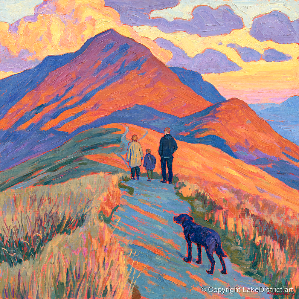 Colourful Cat Bells Dog Walk - gifts for dog walkers art print and canvas by Celia Harding A.I