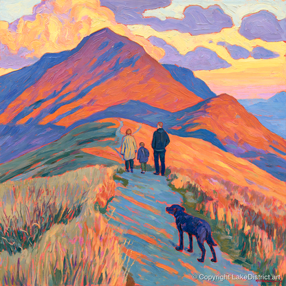 Colourful Cat Bells Dog Walk - gifts for dog walkers art print and canvas by Celia Harding A.I
