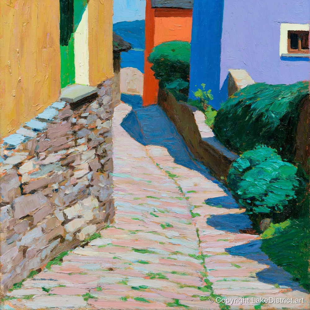 Colourful Cobbled Village Street - lake district village art print and canvas by Marshall Davies A.I