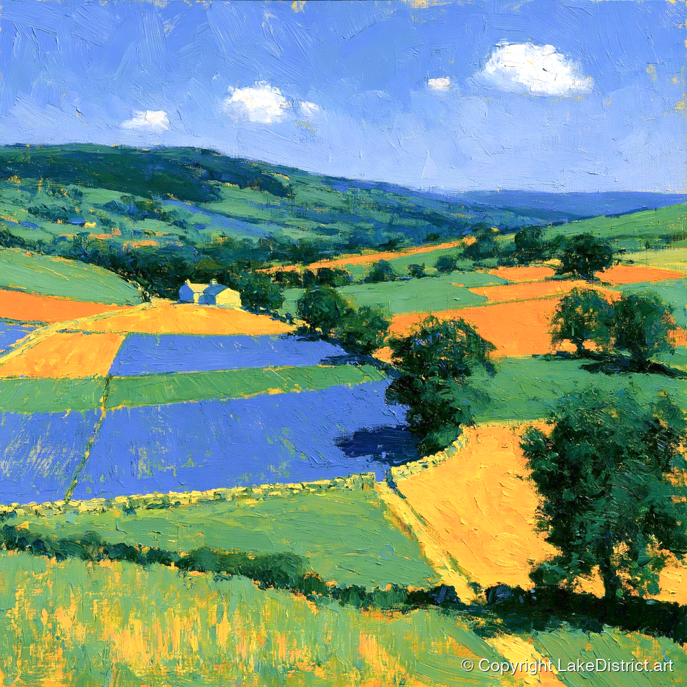 Colourful Dale Patchwork Fields - lake district valley art print and canvas by Hugo Beckett A.I