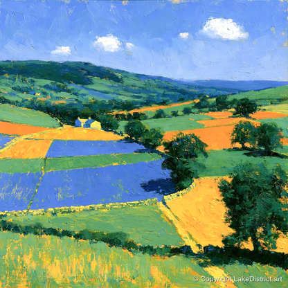 Colourful Dale Patchwork Fields - lake district valley art print and canvas by Hugo Beckett A.I