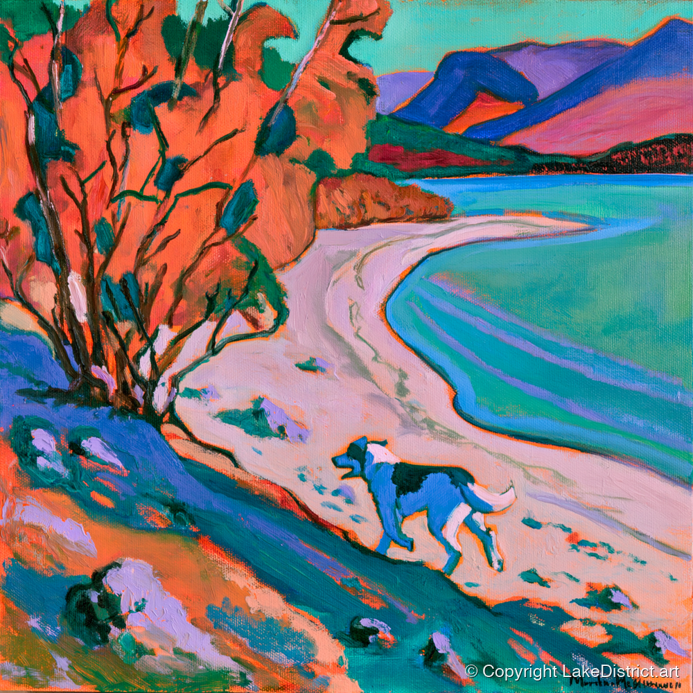 Colourful Derwentwater Shore with Dog - derwentwater wall art art print and canvas by Gideon Wright A.I