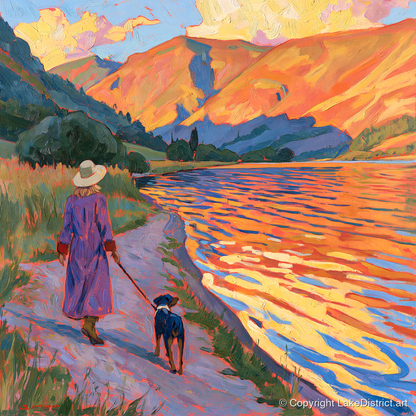 Colourful Dog Walk at Ullswater - gifts for dog walkers art print and canvas by Celia Harding A.I