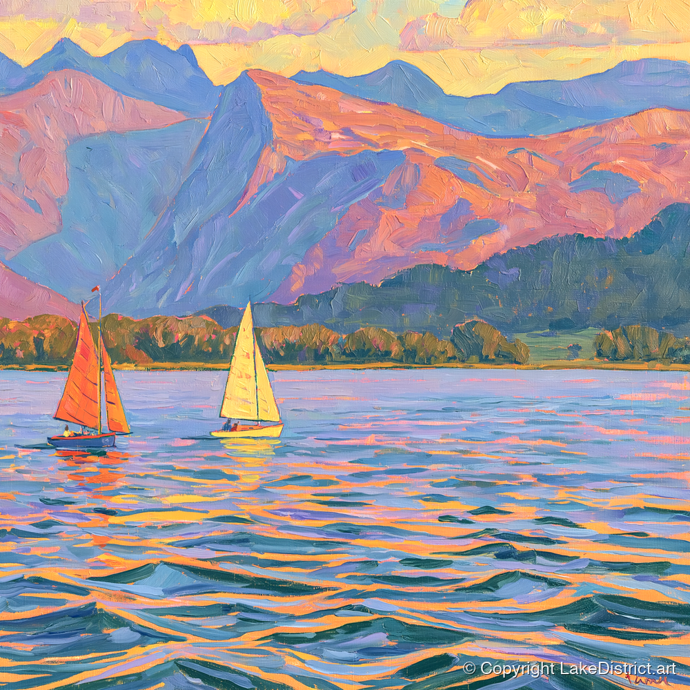 Colourful Evening Sails on Windermere - lake district lake art print and canvas by Celia Harding A.I