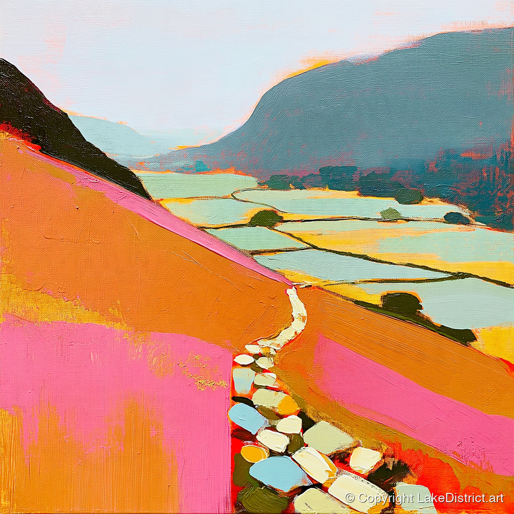 Colourful Fell Path to Patterdale - lake district village art print and canvas by Genevieve Moore A.I