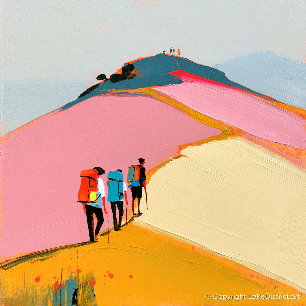 Colourful Fell Ridge Hikers - lake district fell art print and canvas by Genevieve Moore A.I