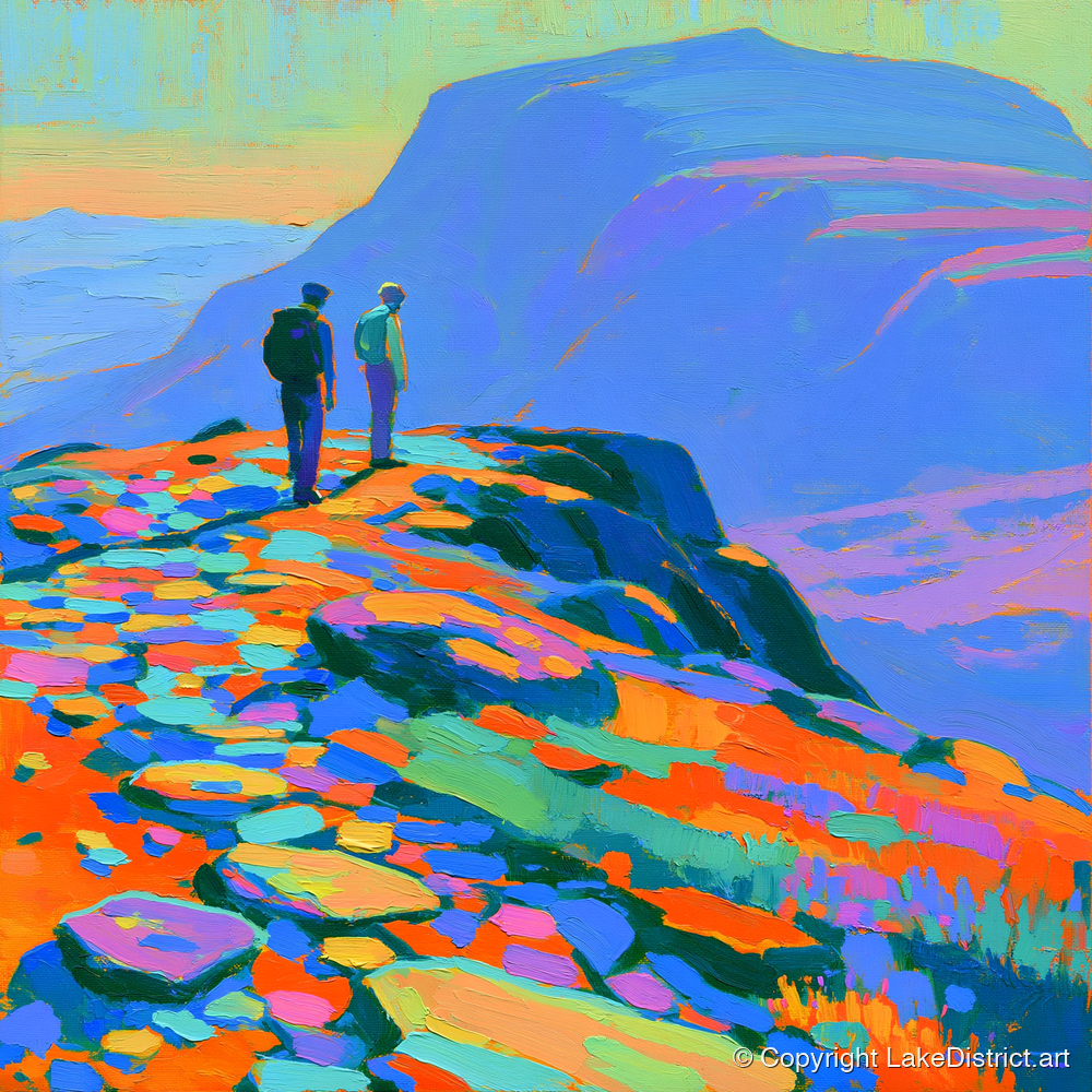 Colourful Fell Top Hikers - lake district fell art print and canvas by Jonathan Crawford A.I