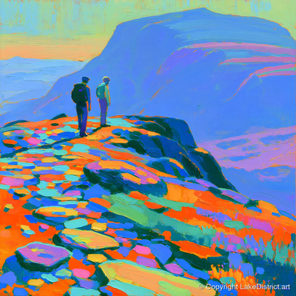 Colourful Fell Top Hikers - lake district fell art print and canvas by Jonathan Crawford A.I