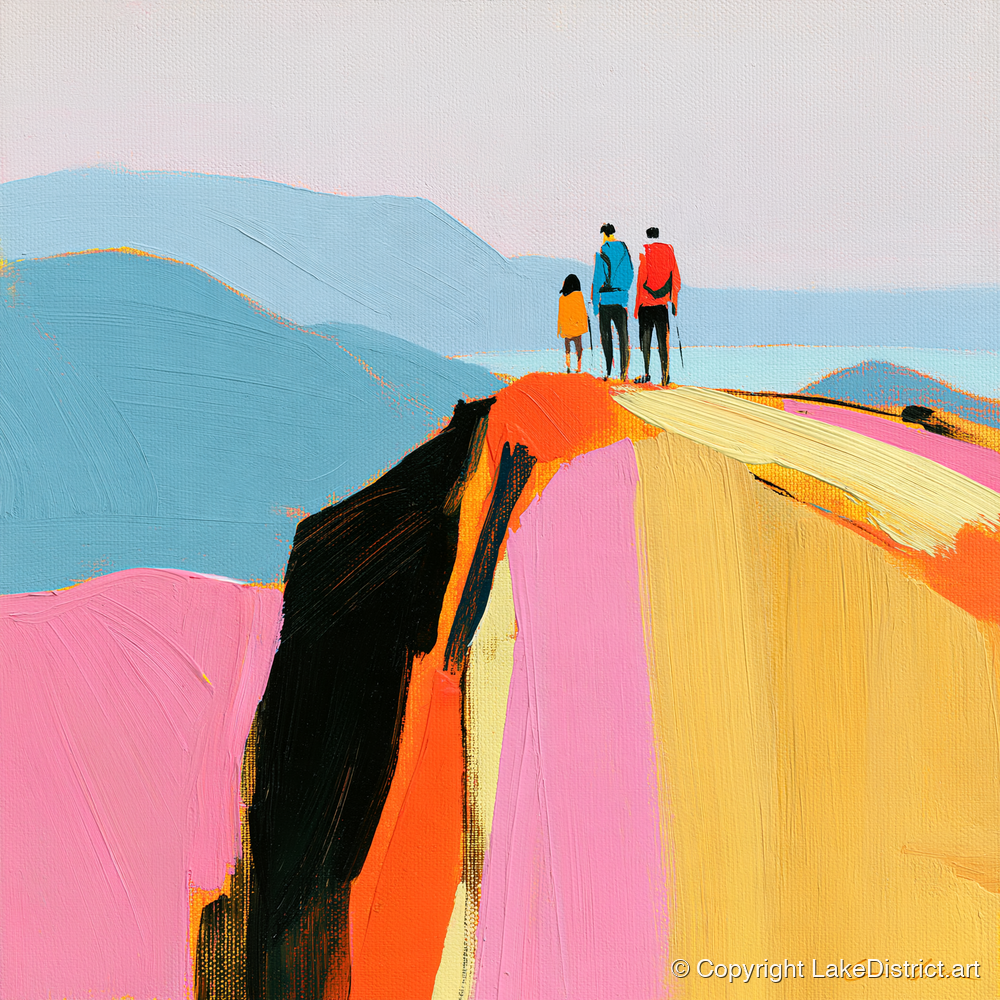 Colourful Fell Top Walkers - lake district fell art print and canvas by Genevieve Moore A.I