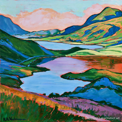 Colourful Fells Above the Lake - lake district lake art print and canvas by Gideon Wright A.I