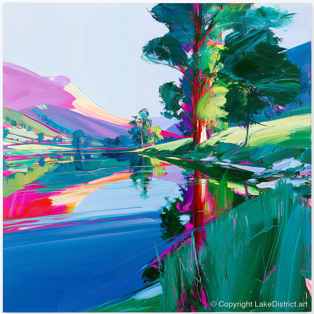 Colourful Fells and Lake Reflections - lake district lake art print and canvas by Julian Mercer A.I