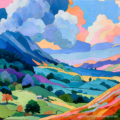 Colourful Fells Under Billowing Clouds - lake district fell art print and canvas by Sylvia Carmichael A.I