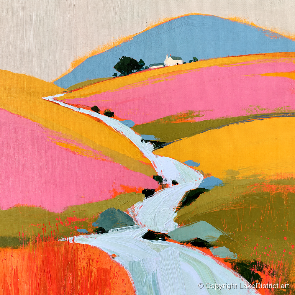 Colourful Fellside Beck and Cottage - lake district waterfall art print and canvas by Genevieve Moore A.I