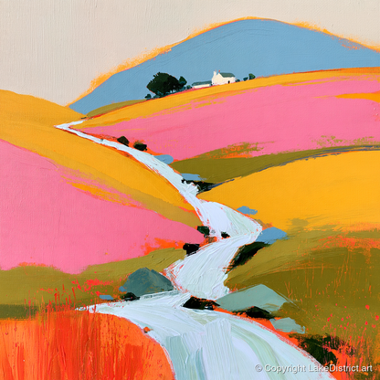 Colourful Fellside Beck and Cottage - lake district waterfall art print and canvas by Genevieve Moore A.I