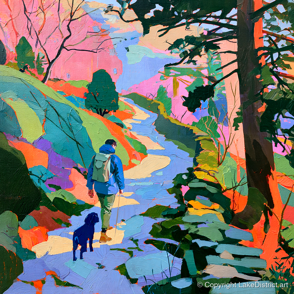 Colourful Hawkshead Dog Walk - gifts for dog walkers art print and canvas by Sylvia Carmichael A.I