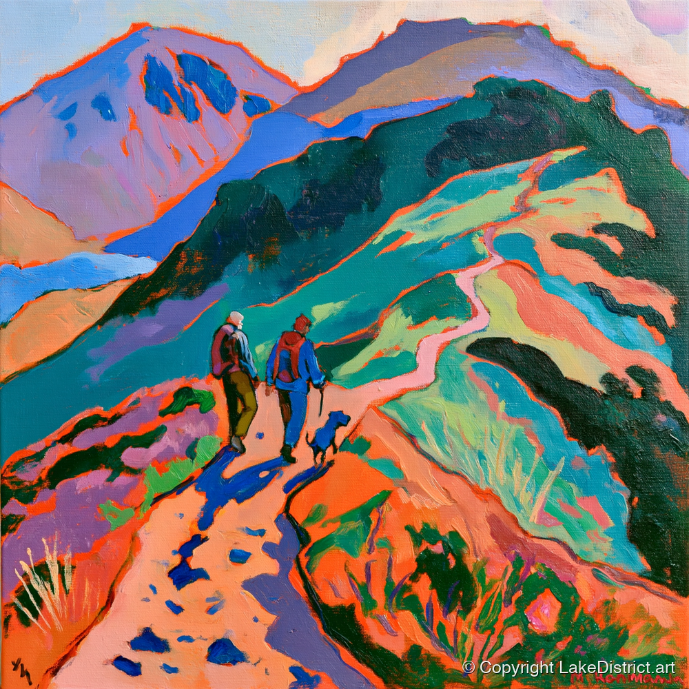 Colourful Haystacks Walk With Dog - gifts for dog walkers art print and canvas by Gideon Wright A.I