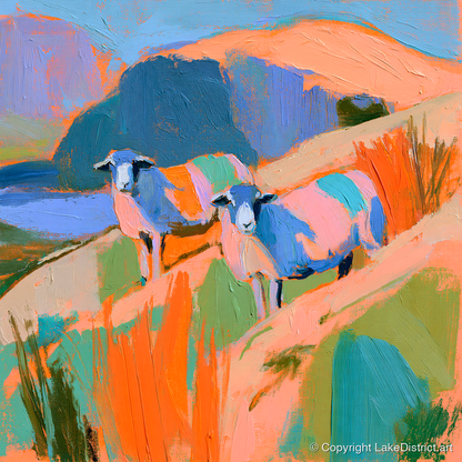 Colourful Herdwick Sheep on Fellside - lake district wildlife art print and canvas by Simon Prescott A.I