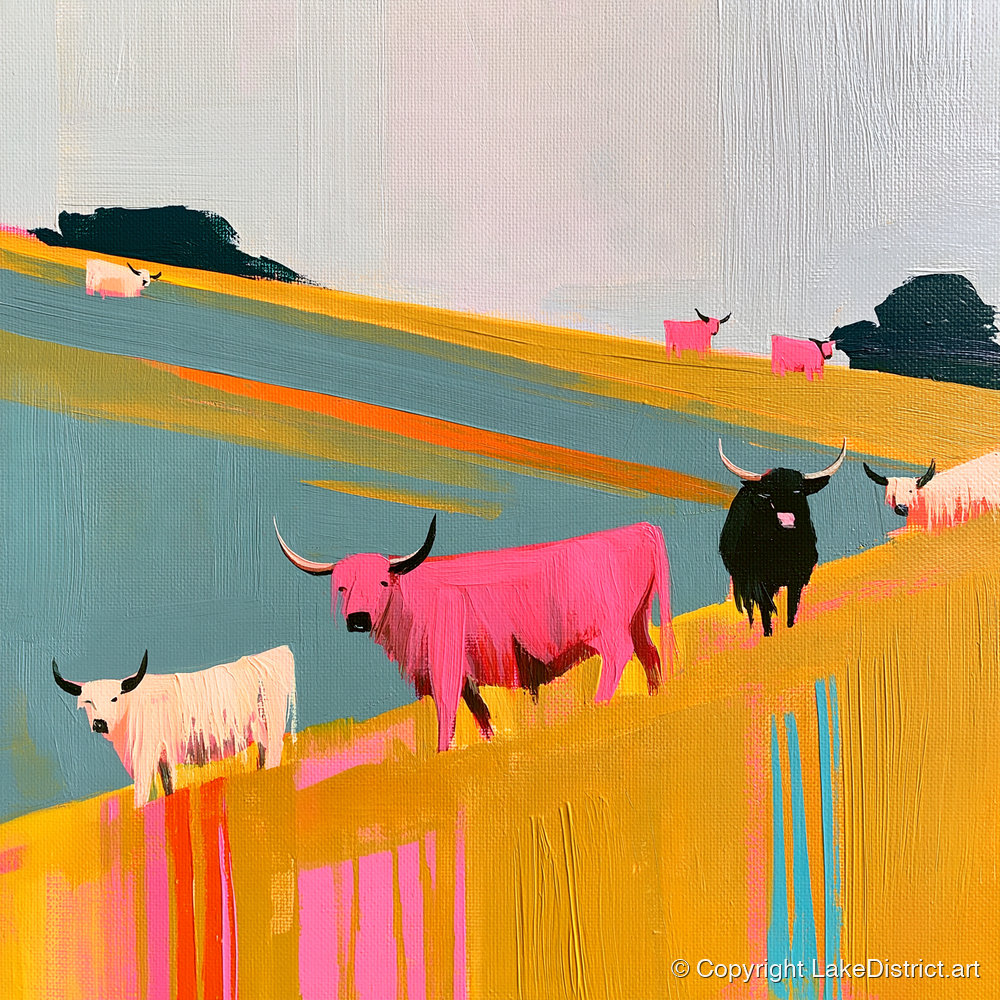 Colourful Highland Cattle Grazing - lake district wildlife art print and canvas by Genevieve Moore A.I