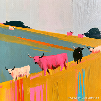 Colourful Highland Cattle Grazing - lake district wildlife art print and canvas by Genevieve Moore A.I