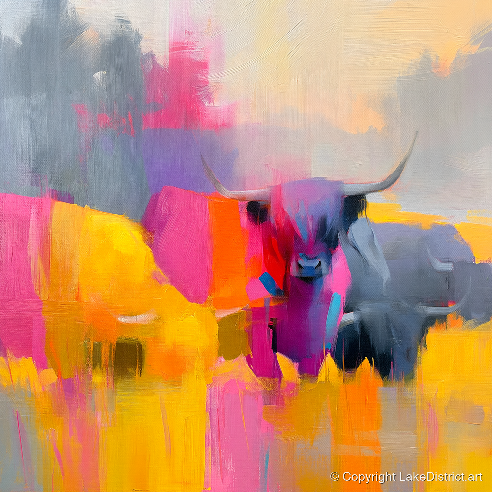Colourful Highland Cattle Portrait - lake district wildlife art print and canvas by Imogen Tate A.I