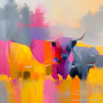 Colourful Highland Cattle Portrait - lake district wildlife art print and canvas by Imogen Tate A.I