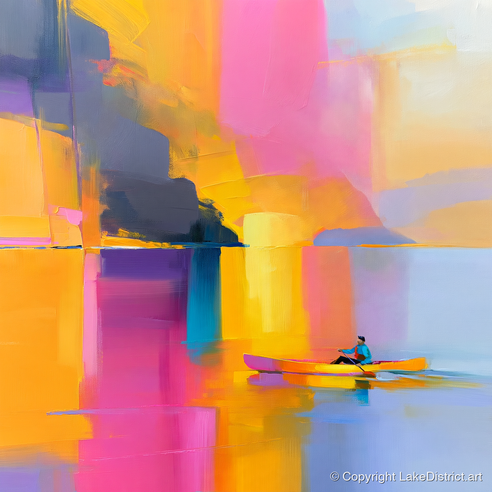 Colourful Kayaking on the Lake - lake district walking art print and canvas by Imogen Tate A.I
