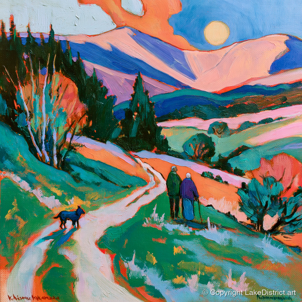 Colourful Keswick Dog Walk - gifts for dog walkers art print and canvas by Gideon Wright A.I