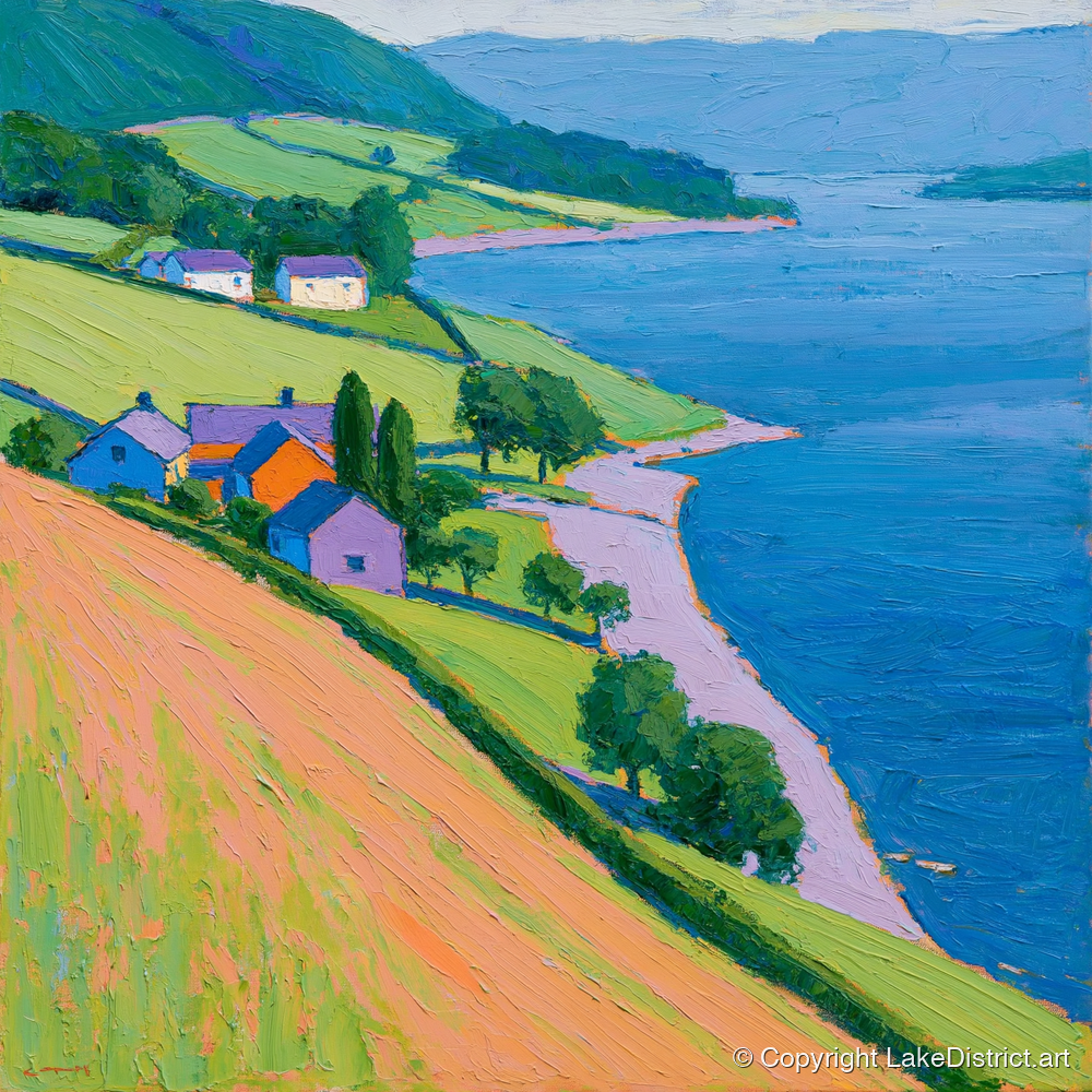 Colourful Lakeside Village - lake district village art print and canvas by Marshall Davies A.I
