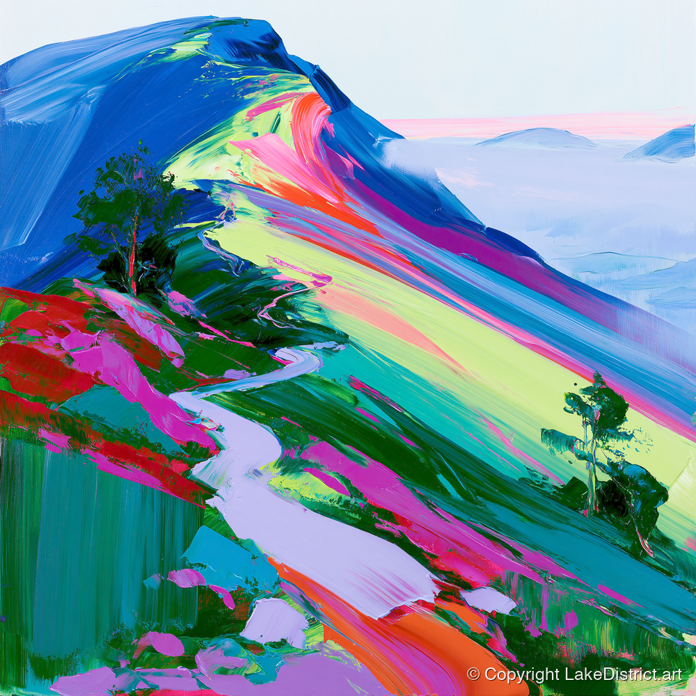 Colourful Mountain Ridge Path - lake district fell art print and canvas by Julian Mercer A.I