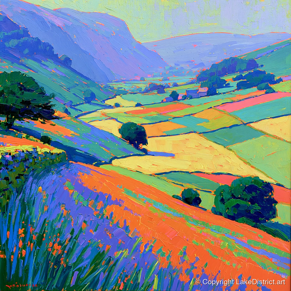 Colourful Patchwork Dale Fields - lake district valley art print and canvas by Jonathan Crawford A.I