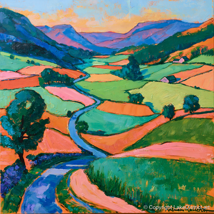 Colourful Patchwork Lake District Dale - lake district valley art print and canvas by Gideon Wright A.I