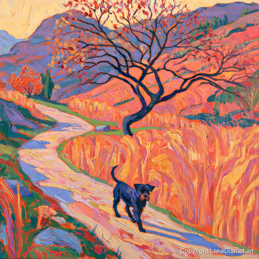 Colourful Patterdale Dog Walk - gifts for dog walkers art print and canvas by Celia Harding A.I