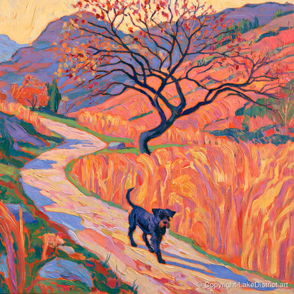 Colourful Patterdale Dog Walk - gifts for dog walkers art print and canvas by Celia Harding A.I