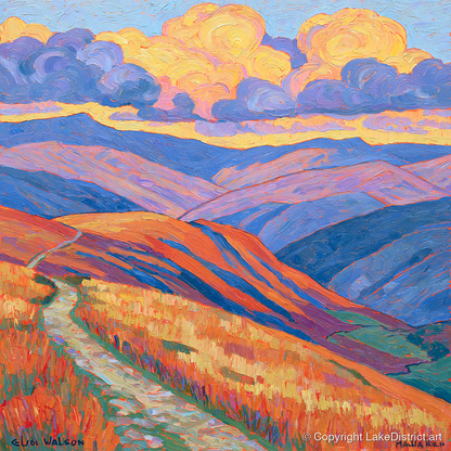 Colourful Rolling Fells Under Cloud - lake district fell art print and canvas by Celia Harding A.I