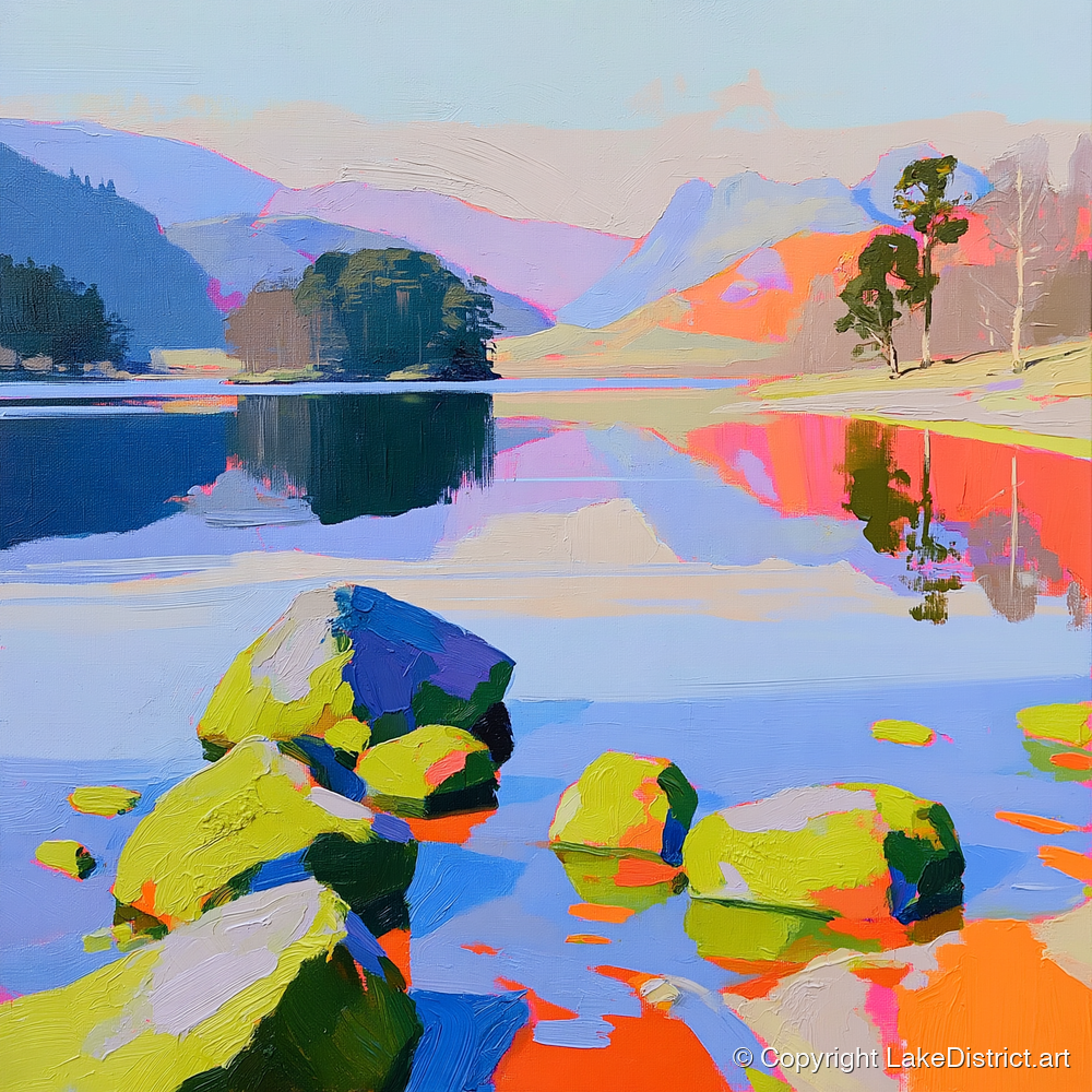 Colourful Rydal Water Boulders - lake district lake art print and canvas by Desmond Locke A.I