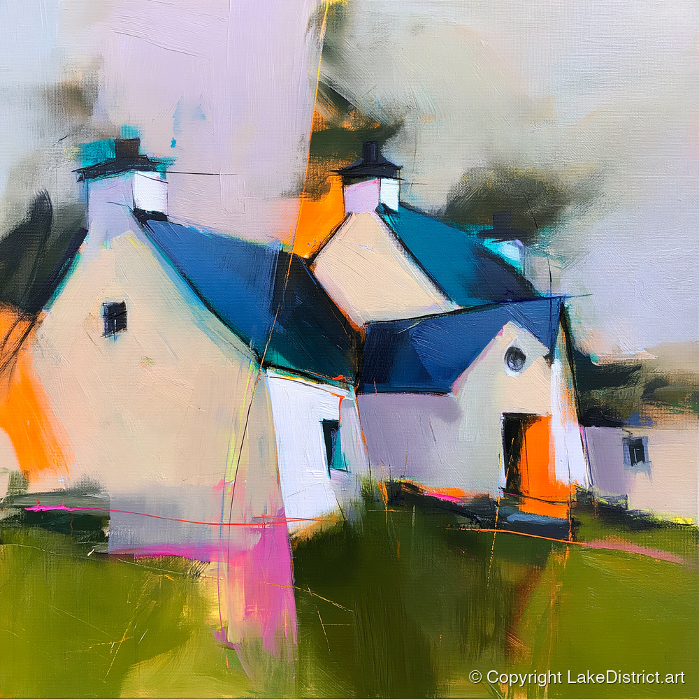 Colourful Slate Roofed Cottages - lake district village art print and canvas by Warren Yates A.I