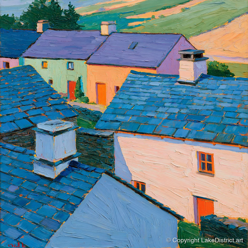 Colourful Slate Roofed Village Cottages - lake district village art print and canvas by Marshall Davies A.I