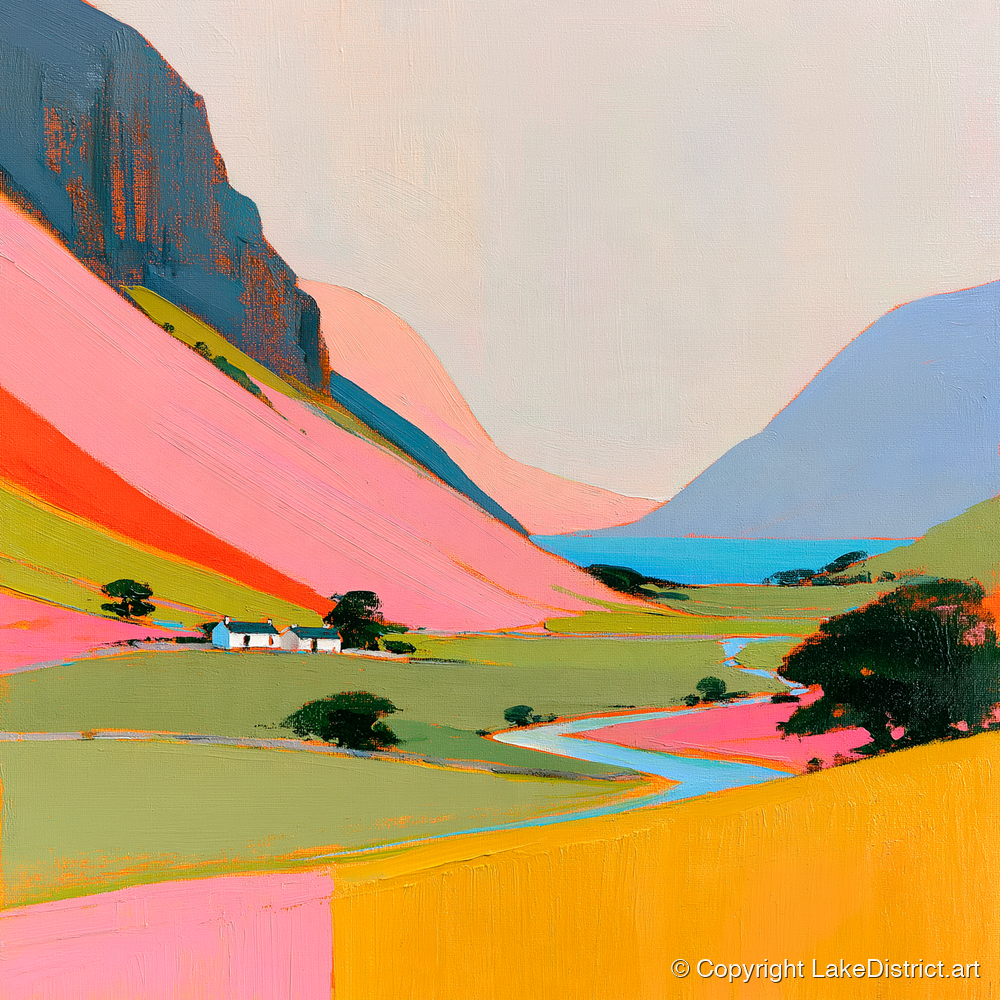 Colourful Valley Between the Fells - lake district valley art print and canvas by Genevieve Moore A.I