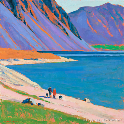 Colourful Wast Water Dog Walk - gifts for dog walkers art print and canvas by Marshall Davies A.I