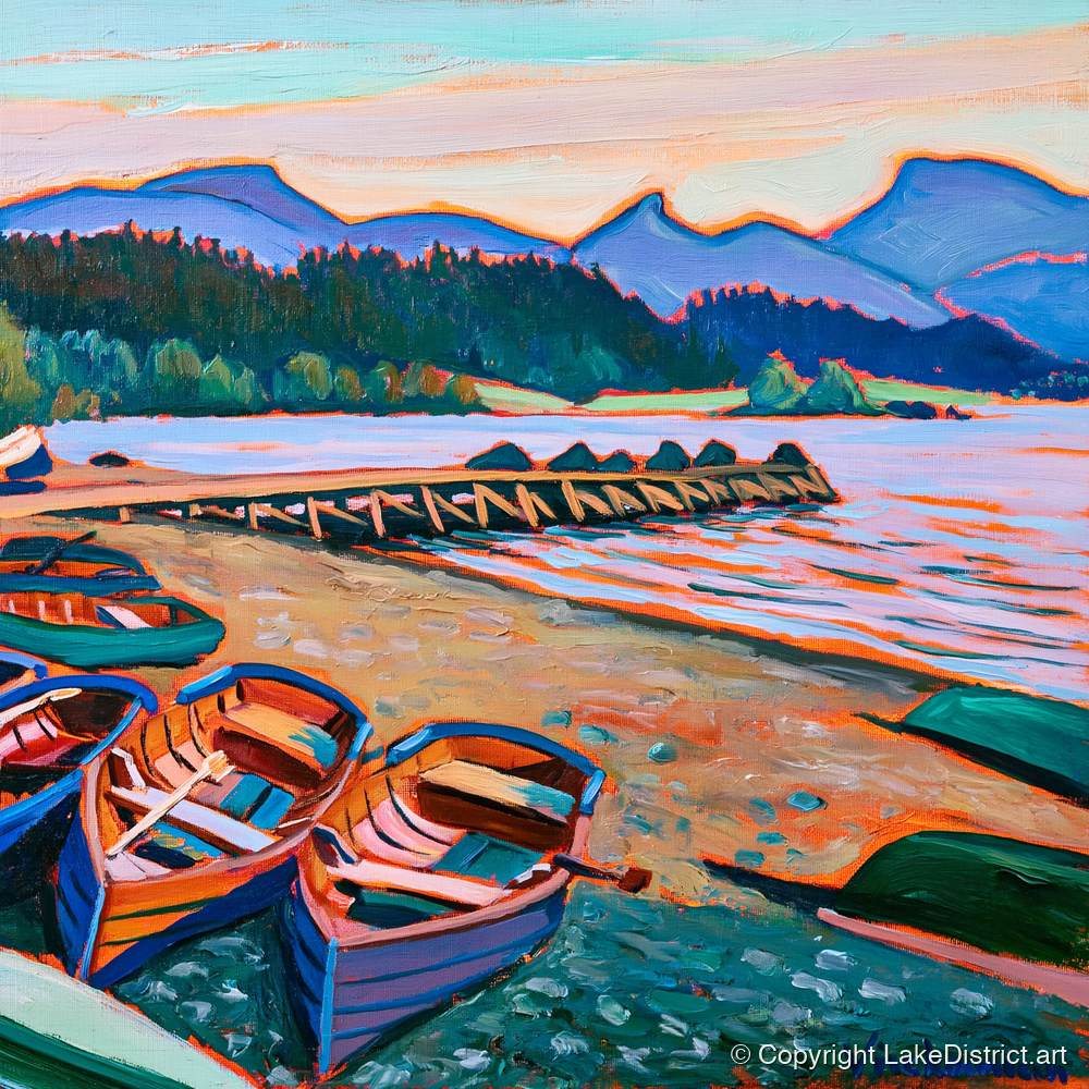 Colourful Windermere Rowing Boats - lake district lake art print and canvas by Gideon Wright A.I