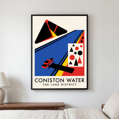 Coniston Water travel poster in a black frame, hanging in a bedroom3