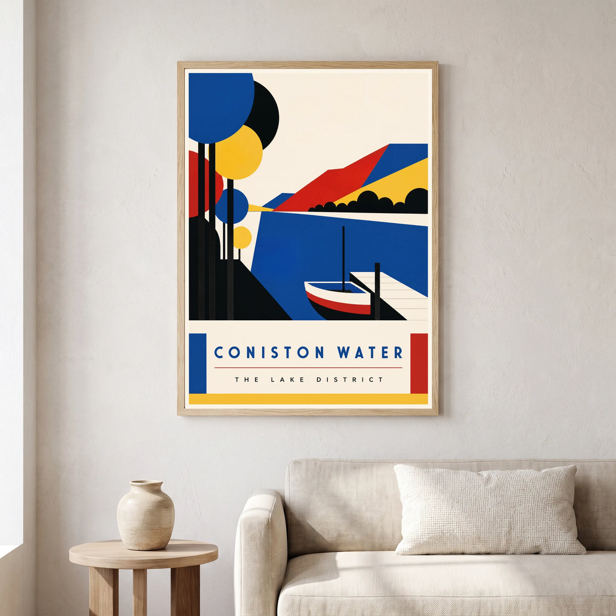 Coniston Water travel poster in a natural frame, hanging in a living