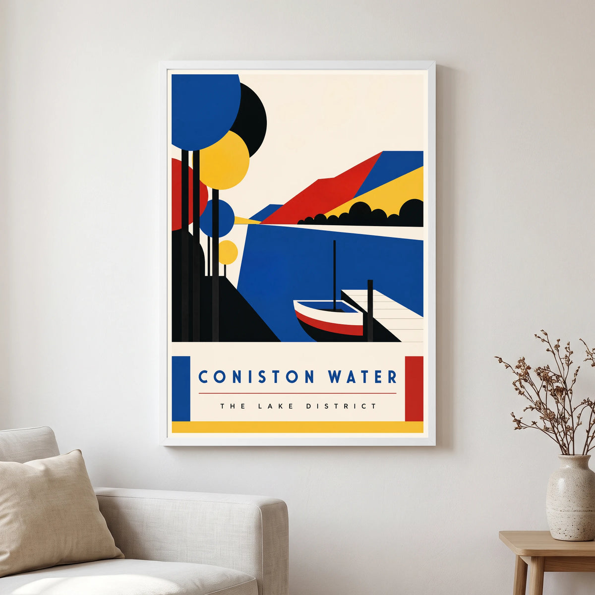 Coniston Water travel poster in a white frame, hanging in a living2