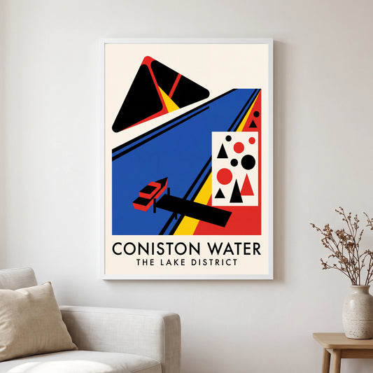 Coniston Water travel poster in a white frame, hanging in a living2