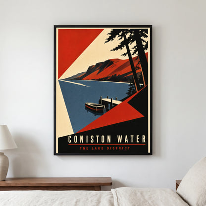 Coniston Water travel poster in a black frame, hanging in a bedroom3
