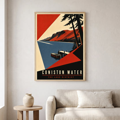 Coniston Water travel poster in a natural frame, hanging in a living