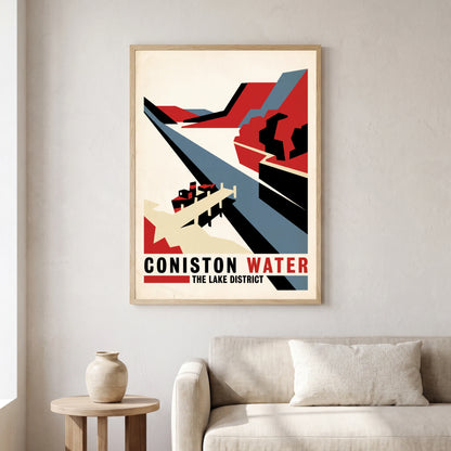Coniston Water travel poster in a natural frame, hanging in a living