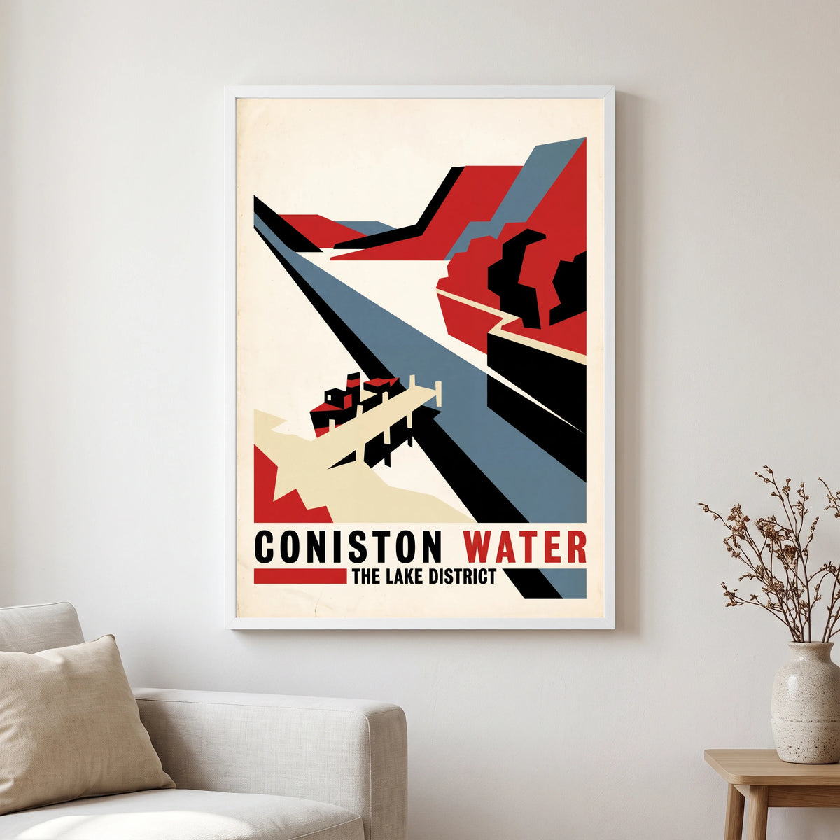 Coniston Water travel poster in a white frame, hanging in a living2
